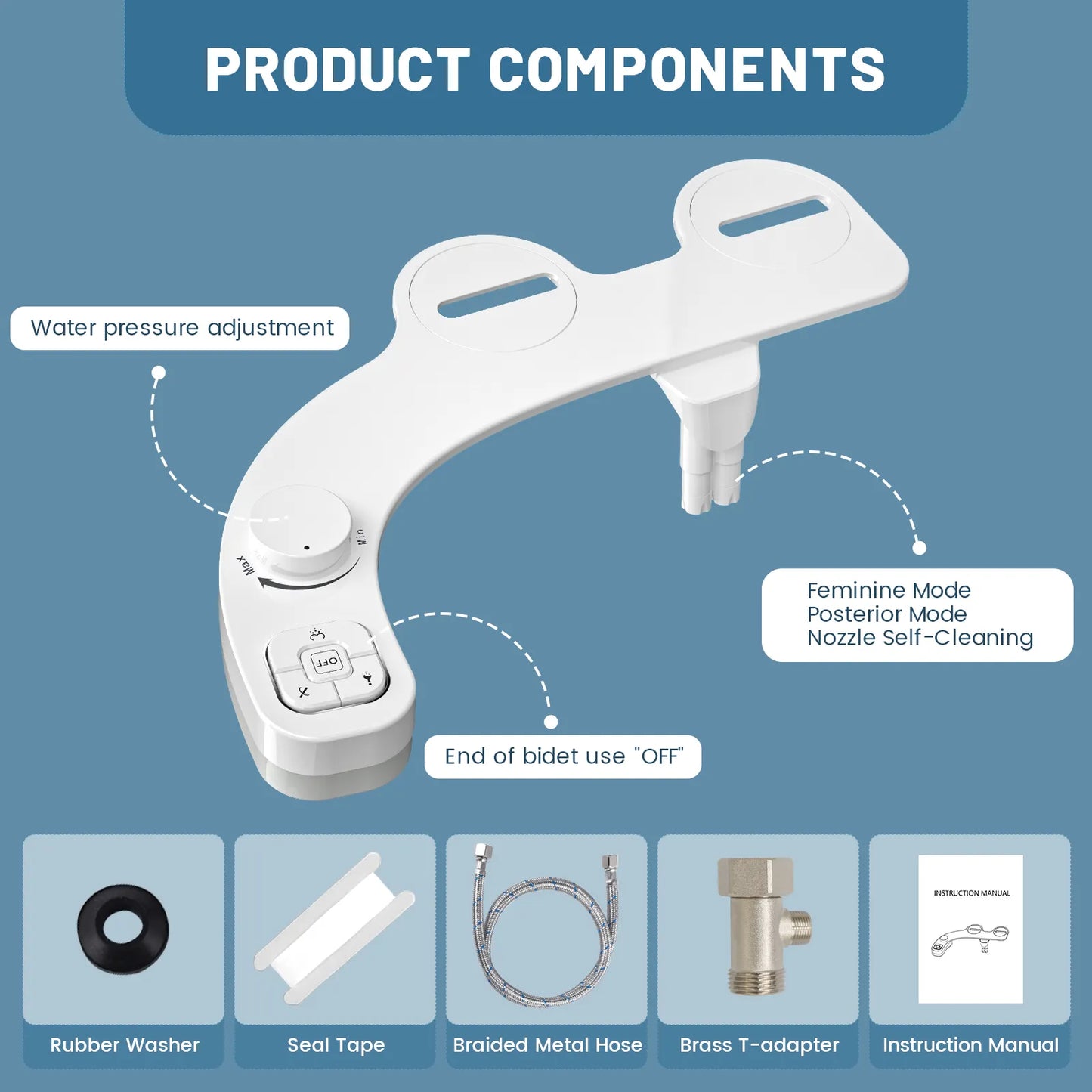 Non-Electric Bidet with Self-Cleaning Double Nozzle - Advanced Hygiene Accessory for Toilet Seat 