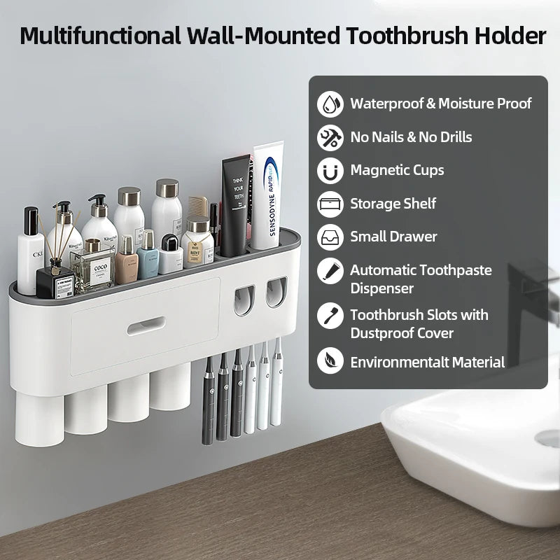 Magnetic Adsorption Inverted Toothbrush Holder with Automatic Toothpaste Squeezer - Innovative and Functional Bathroom Organizer