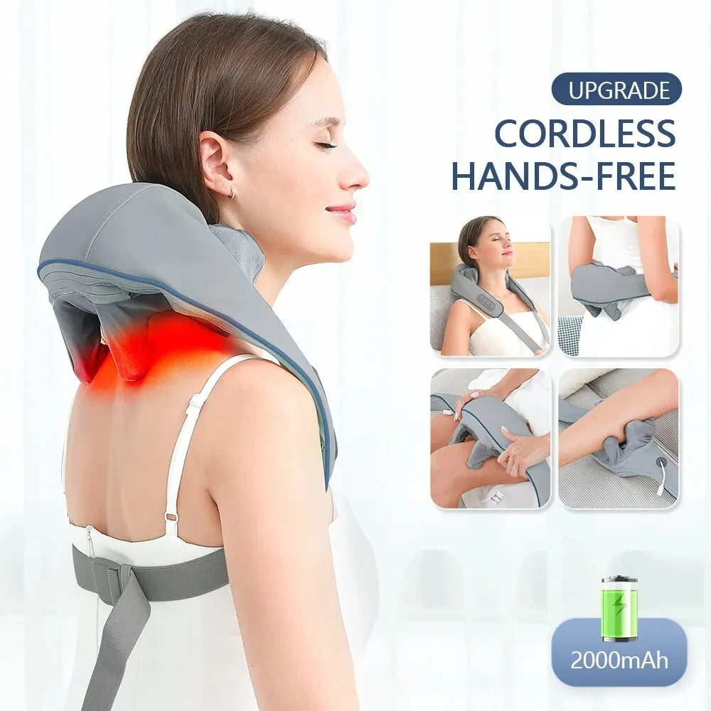 Wireless neck and back massager. Kneading massage blanket for neck and shoulders. Cervical relaxation for neck. Trapeze massager.